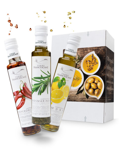 3er Probier-Paket Terre Francescane - Extra Natives Olivenöl Dressing mit Limonen, Rosmarin und Chili (3 x 250 ml)