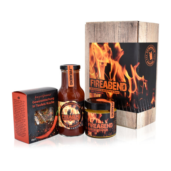 FIREABEND - Das Geschenk-Set zum Grillen und Chillen (BBQ Sauce, Honig-Senf und scharfe Gewürzmischung)
